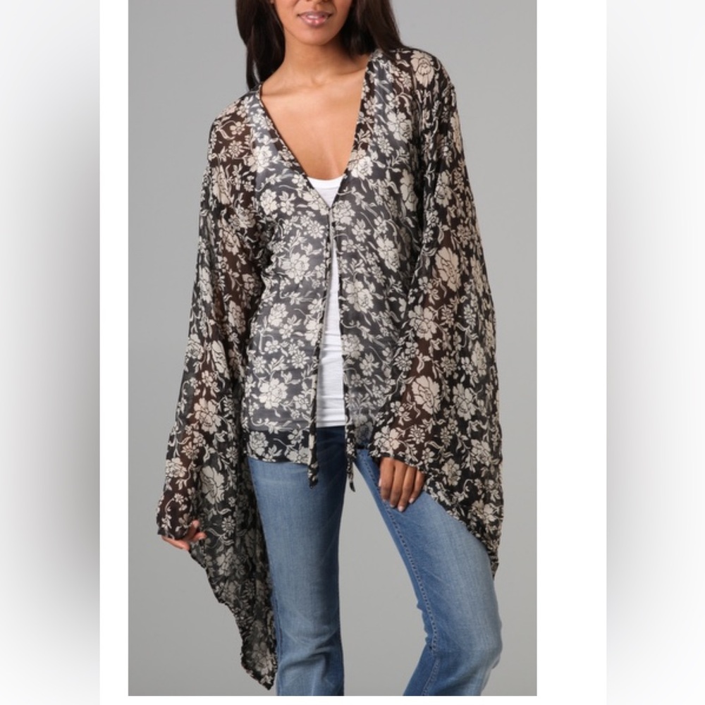 WINTER KATE *Crane* black grey floral silk kimono cardigan top blouse XS/S